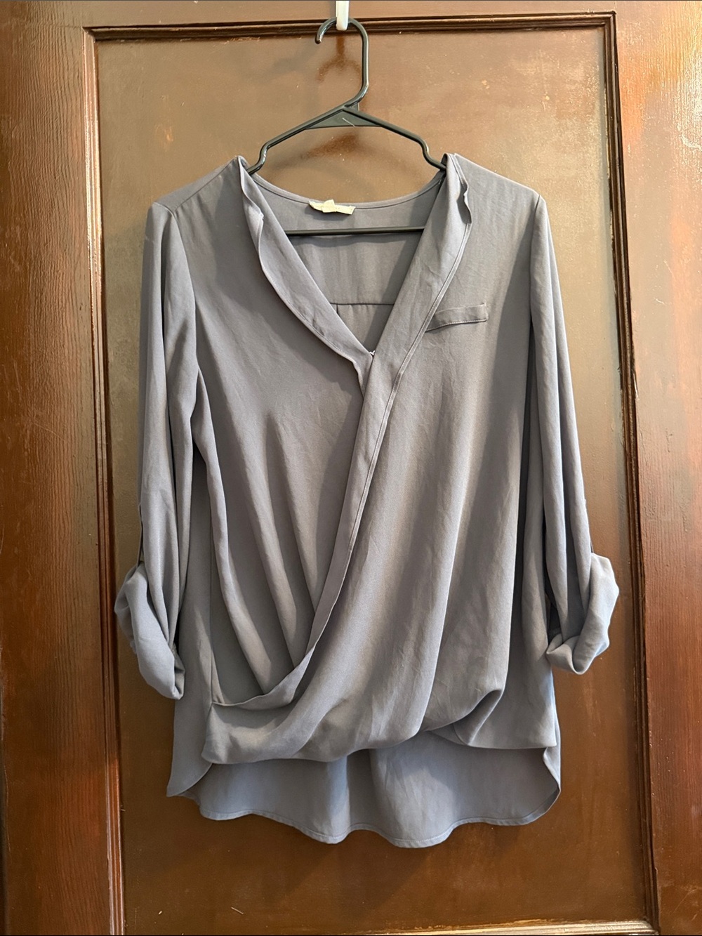 Pleione Draped V-Neck Blouse in Gray